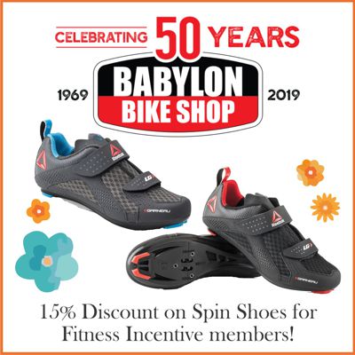 15% Off Spin Shoes for Fitness Incentive Members at Babylon Bike Shop!
